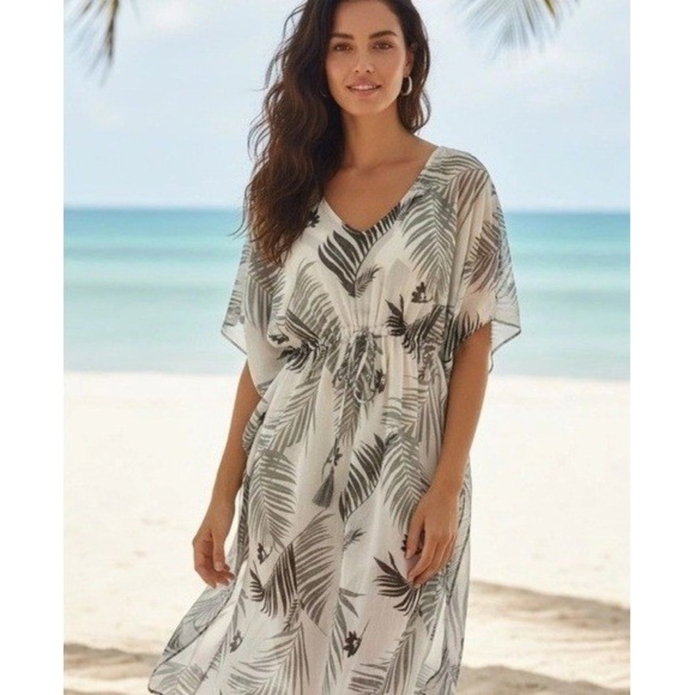 Kona Sol Womens Palm Leaf Kaftan Swim Cover Up V-Neck Drawstring Black White - S - Picture 2 of 12